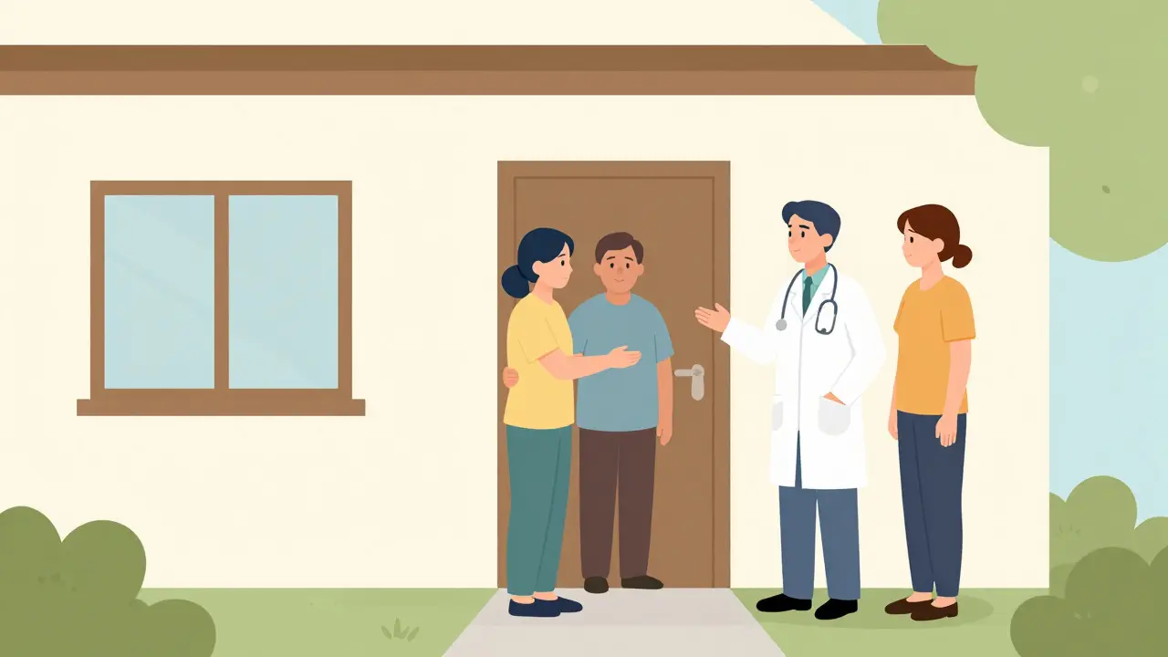 Pomocnice a sociální pracovník poskytující podporu pacientovi u jeho domova.