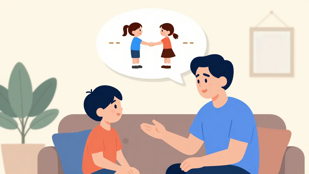 Rodič a dítě mluví spolu doma o úspěšné interakci dítěte s vrstevníkem ve škole.