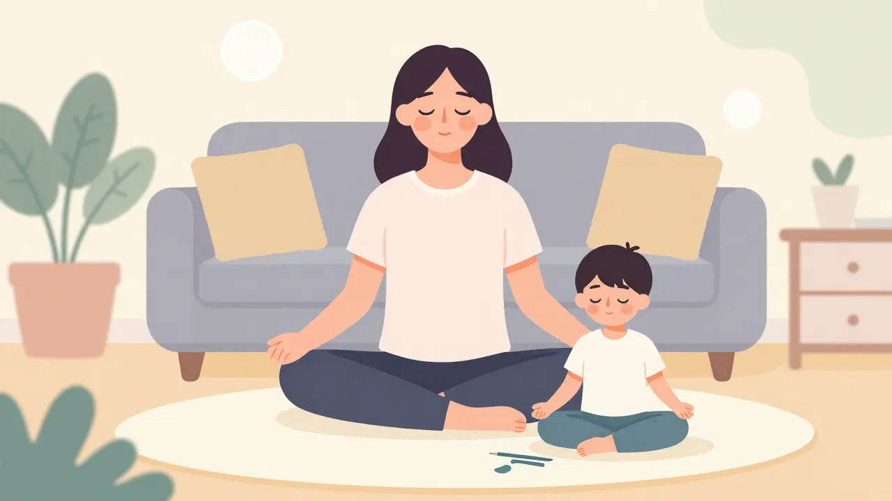 Rodič a dítě společně praktikují mindfulness a tvůrčí aktivity.