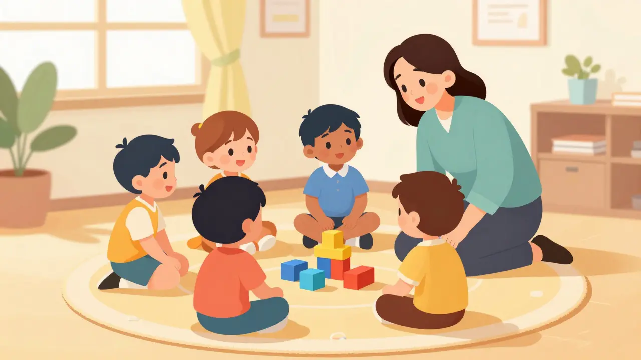 Skupina dětí s terapeutem sedí v kruhu v bezpečné místnosti a společně si hrají.