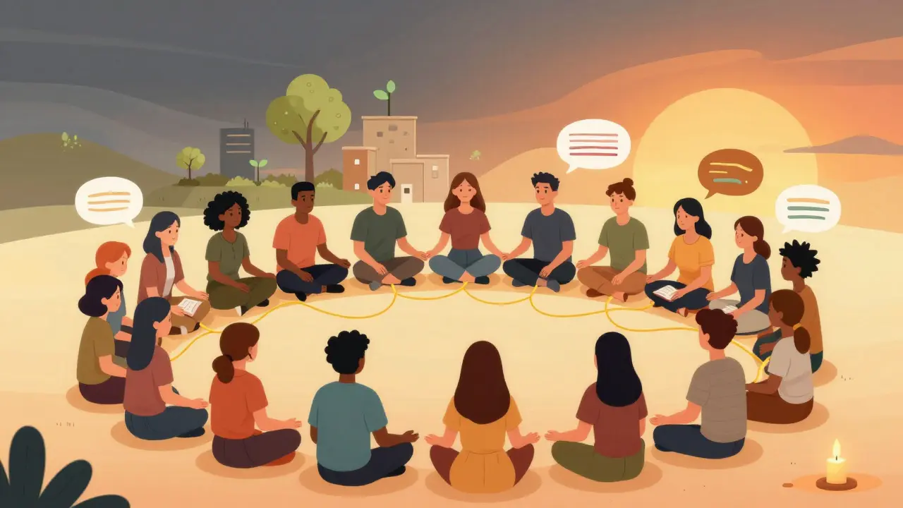 Skupina lidí v kruhu uzdravení se zlatožlutou nadějí