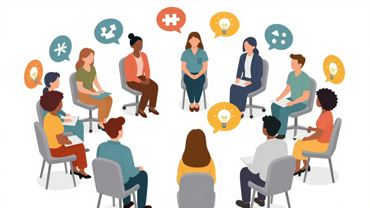 Skupina terapeutů v kroužku během společné skupinové supervize.