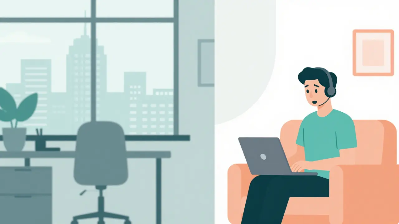 Srovnání osobní terapie v kanceláři a online terapie přes počítač.