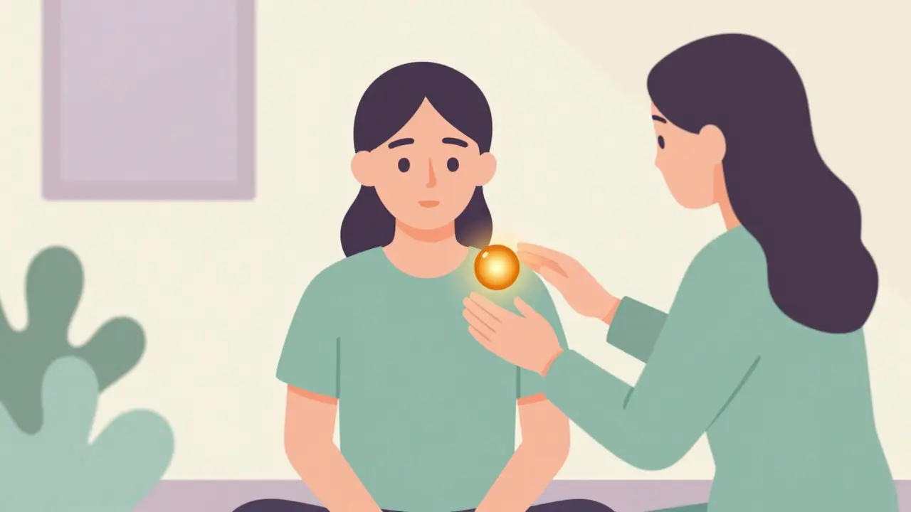 Terapeut a klient pracující na uvolnění tělesného napětí v klidném prostředí.