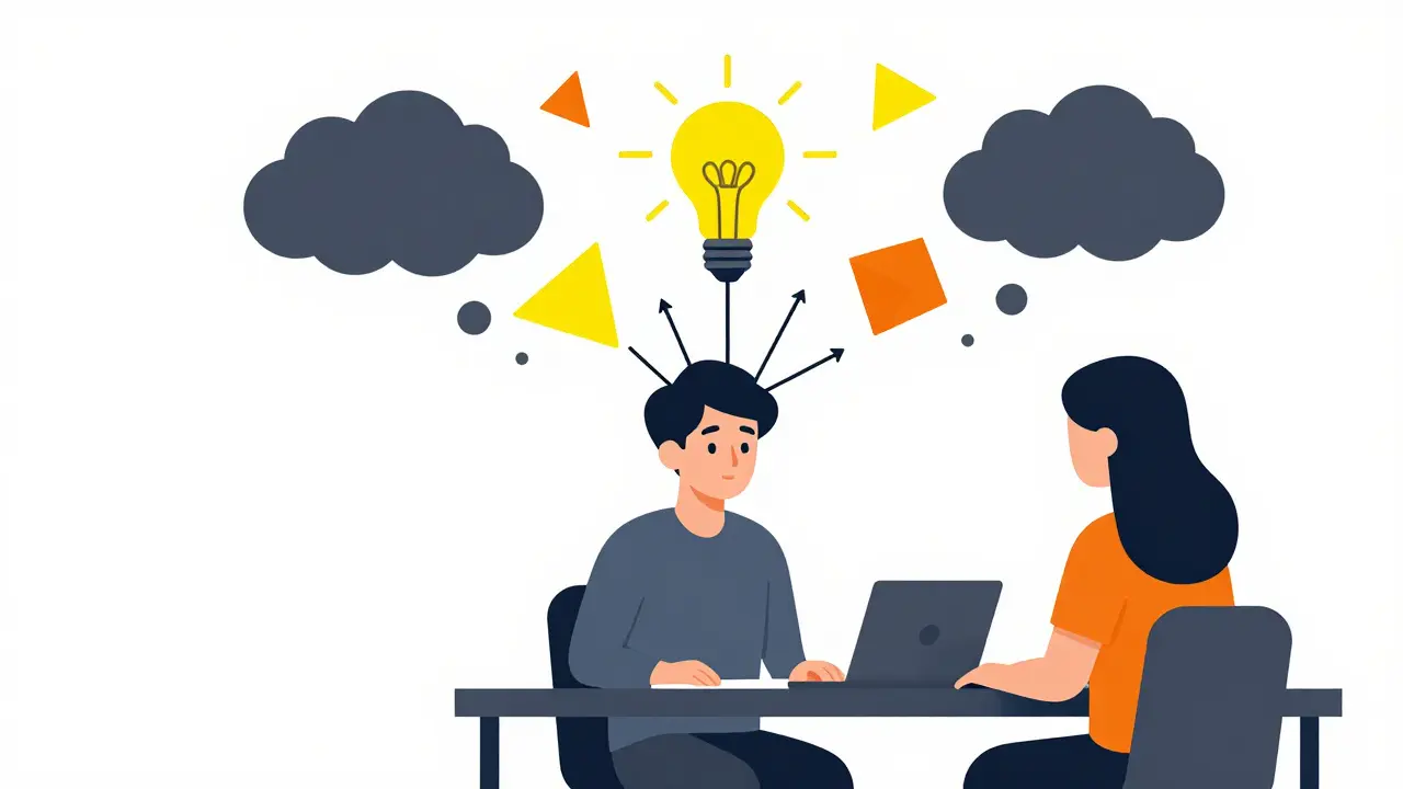 Terapeut pomáhá pacientovi rozplést negativní myšlenky v moderní kanceláři.