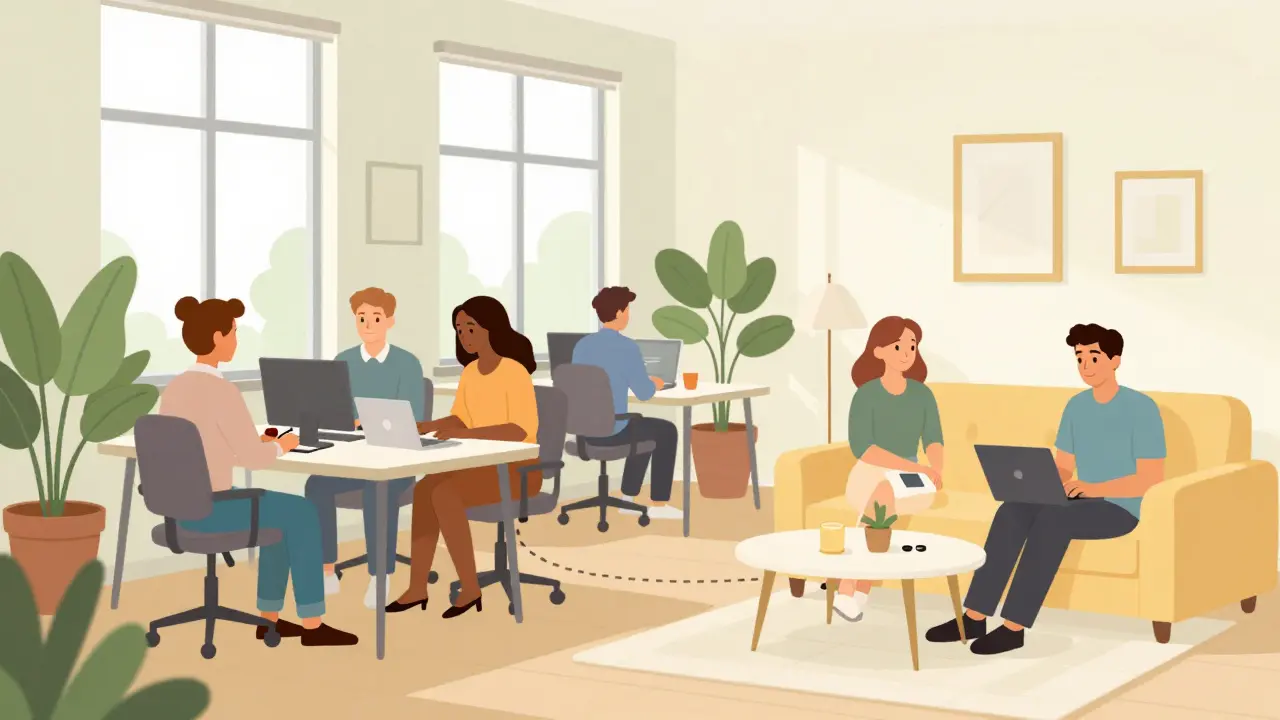 Jasné ilustrace vyváženého pracovního života s kolegy v relaxační zóně a prací z domova v příjemném prostředí.