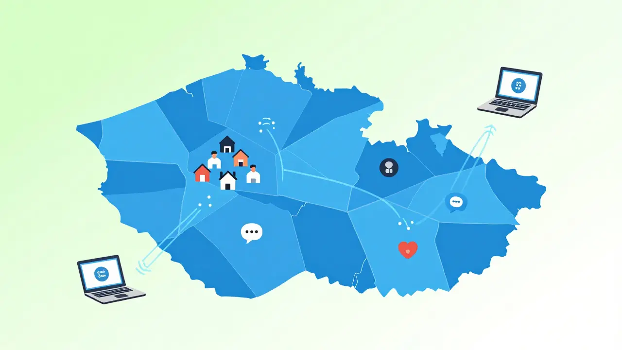 Mapa ČR ukazující dostupnost podpory a online služby mimo Prahu
