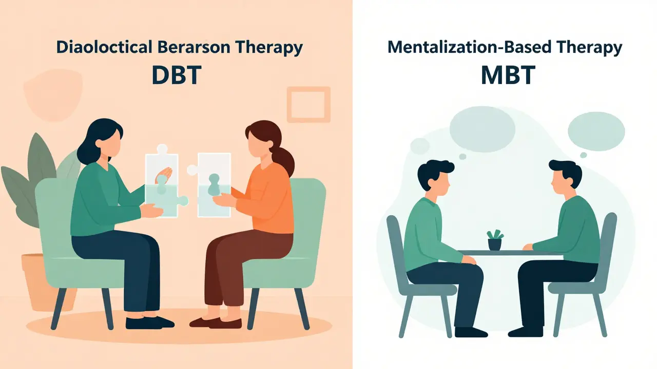 Rozdílné terapeutické přístupy DBT a MBT pro léčbu sebepoškozování v ploché grafice.