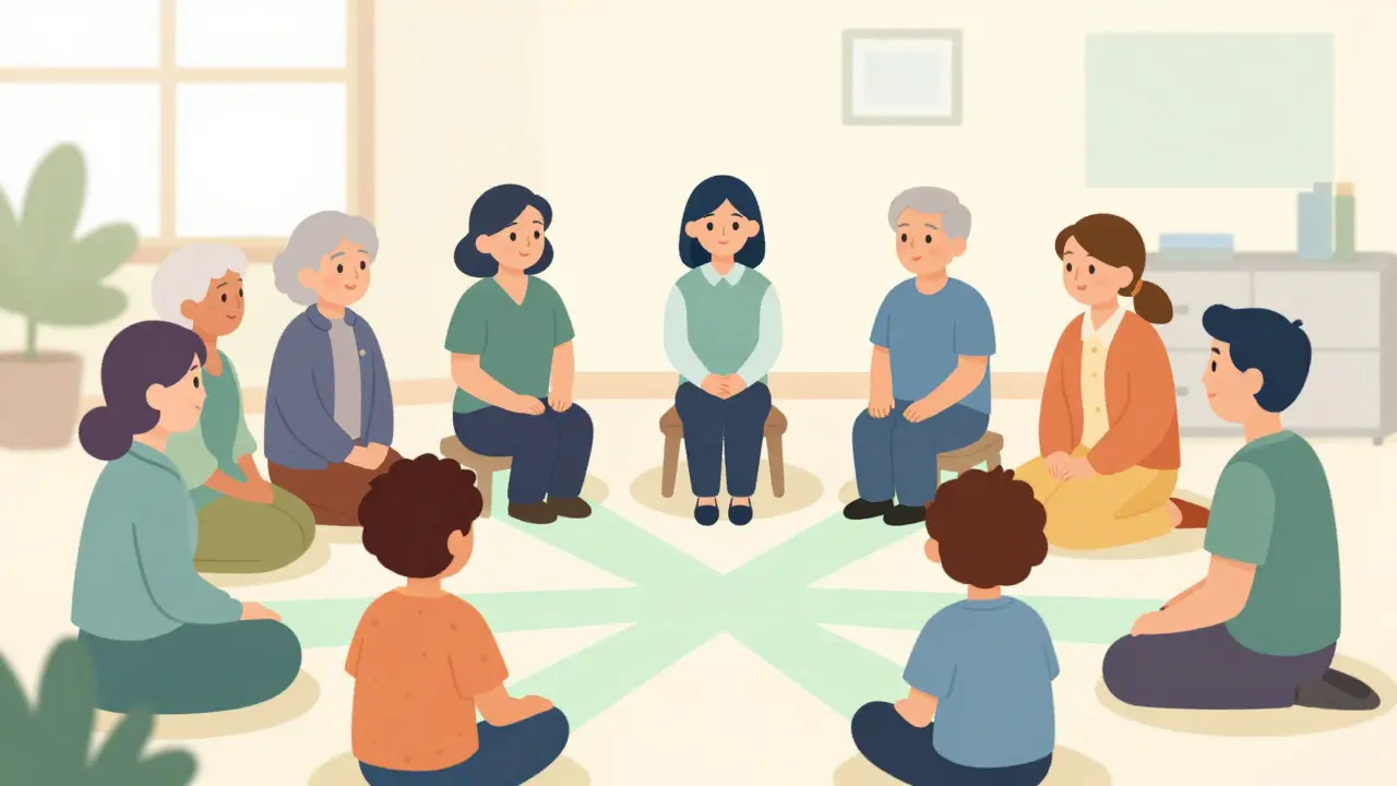 Vícegenerační skupina v kruhu při terapeutickém sezení