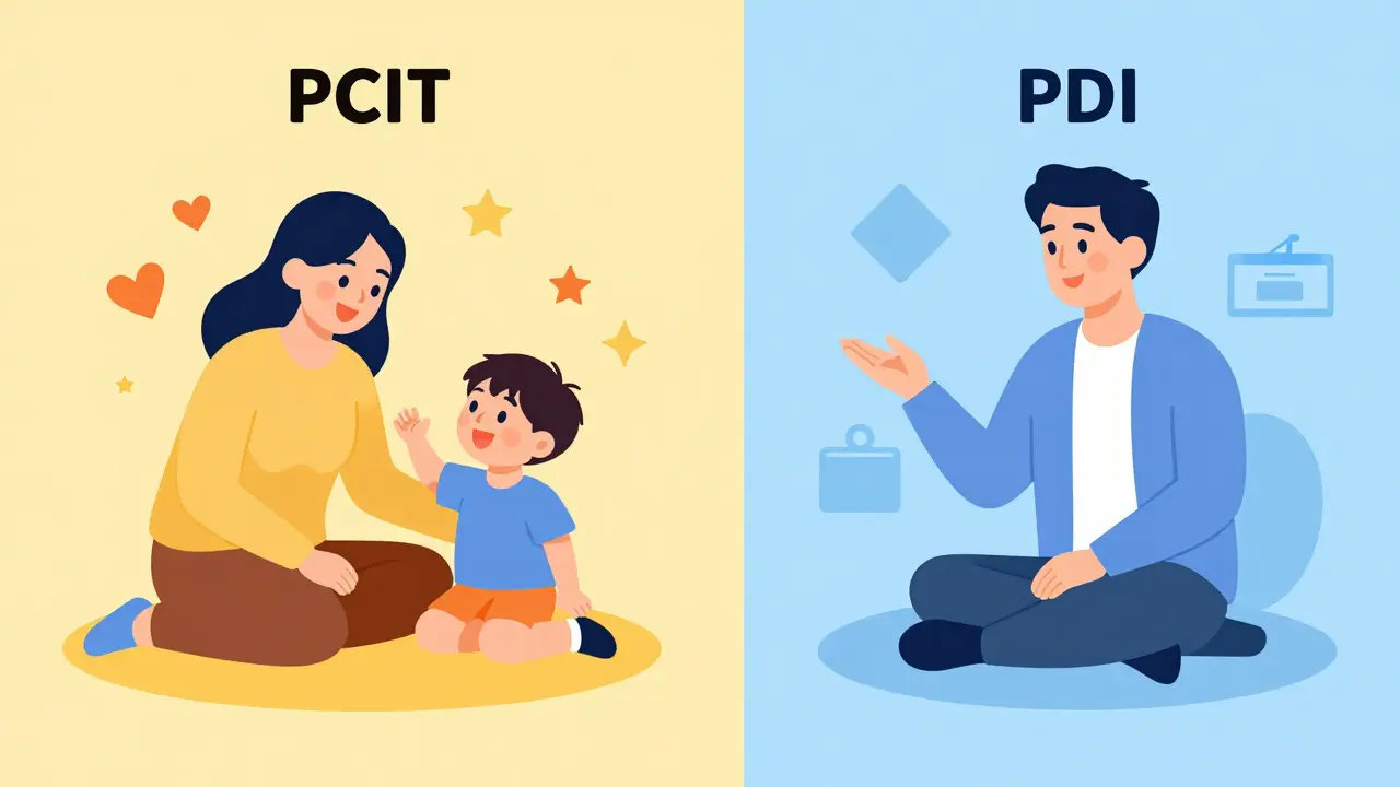 Ilustrace dvou fází terapie PCIT: hra a disciplína vedle sebe.