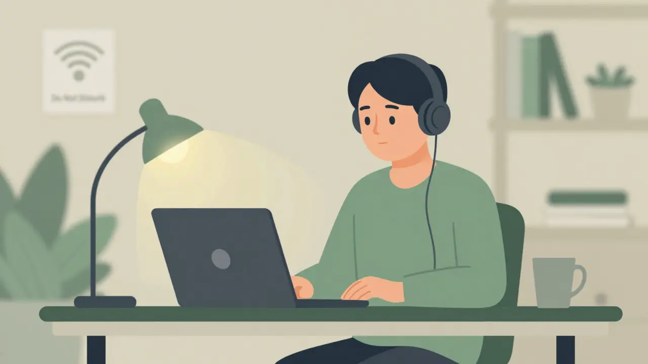 Klidná domácí kancelář připravená na online terapii