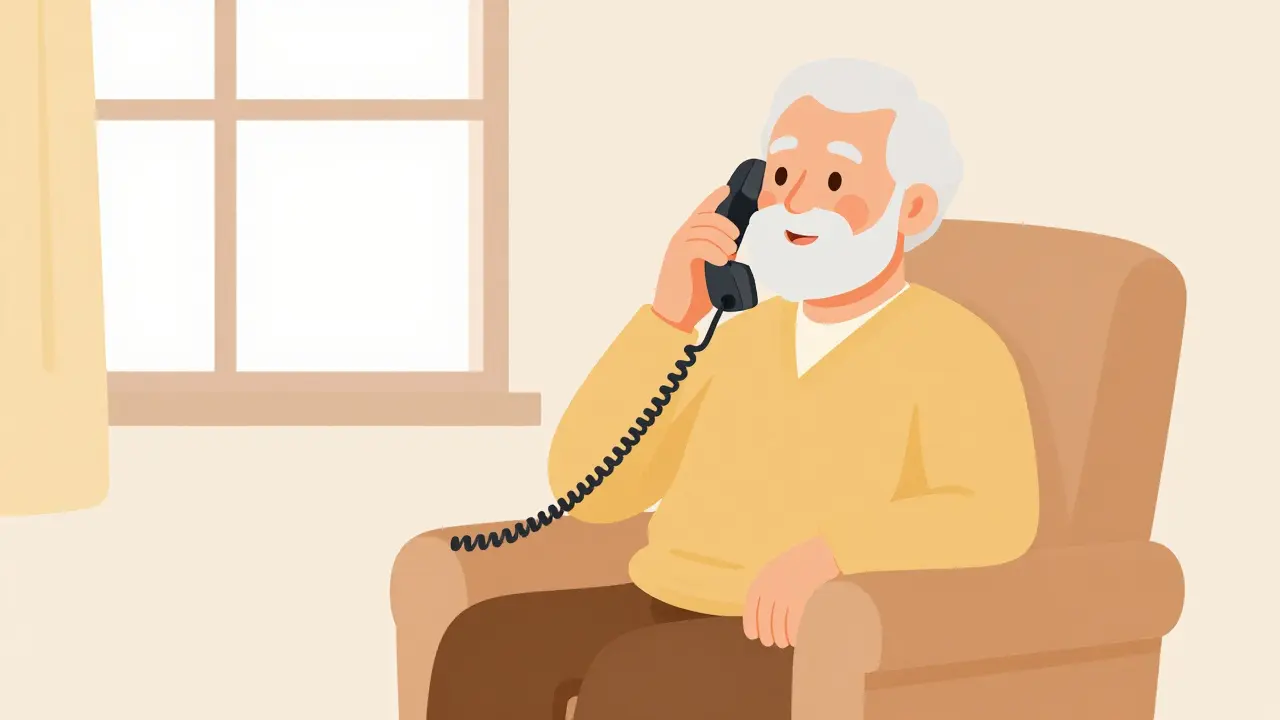 Senior radostně hovoří po telefonu v pohodlném křesle