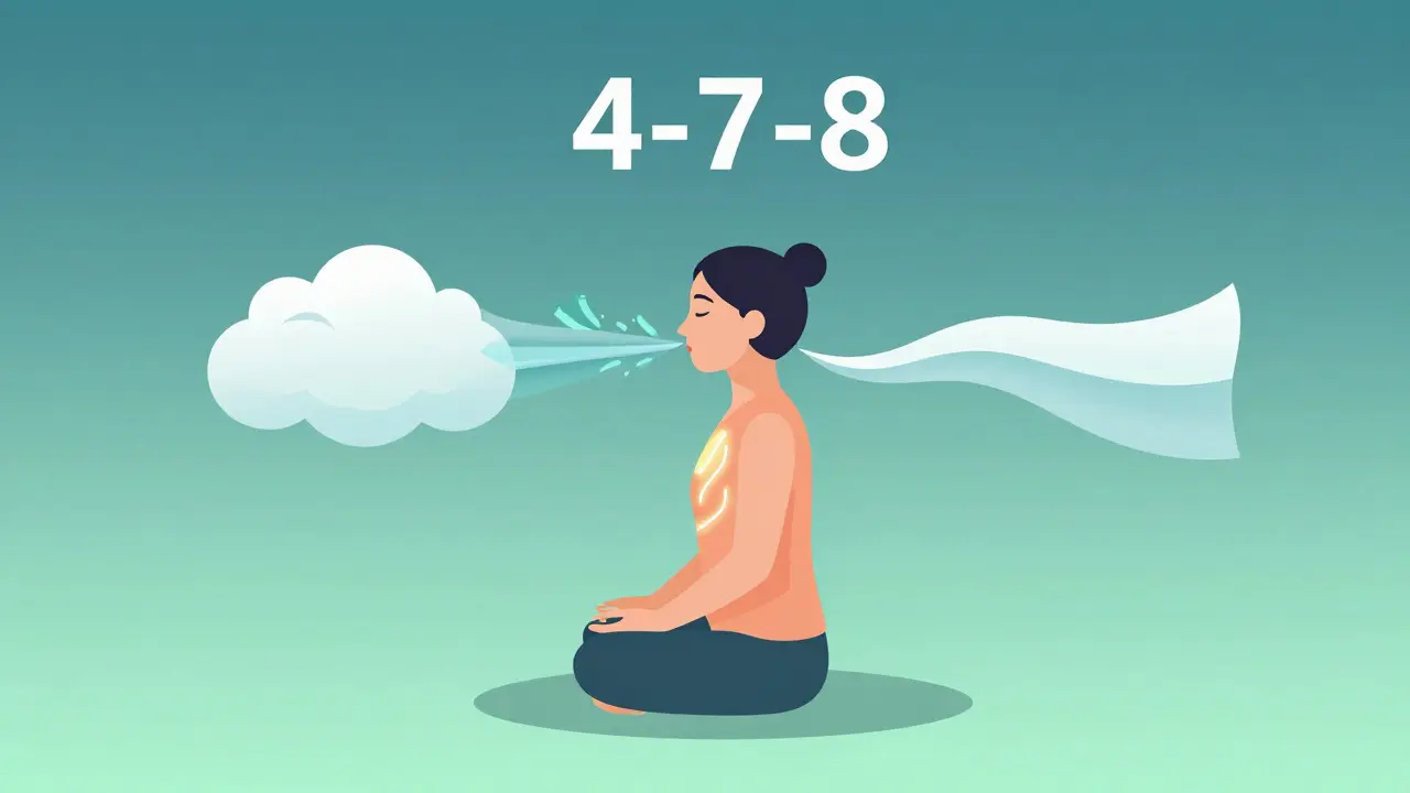 Konceptuální ilustrace techniky dýchání 4-7-8 s vizualizací nádechu a výdechu