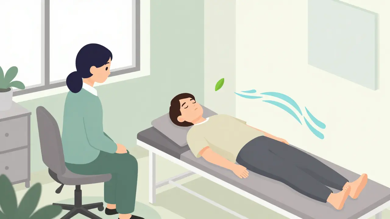 Terapeutická místnost s pacientem na lůžku a terapeutem