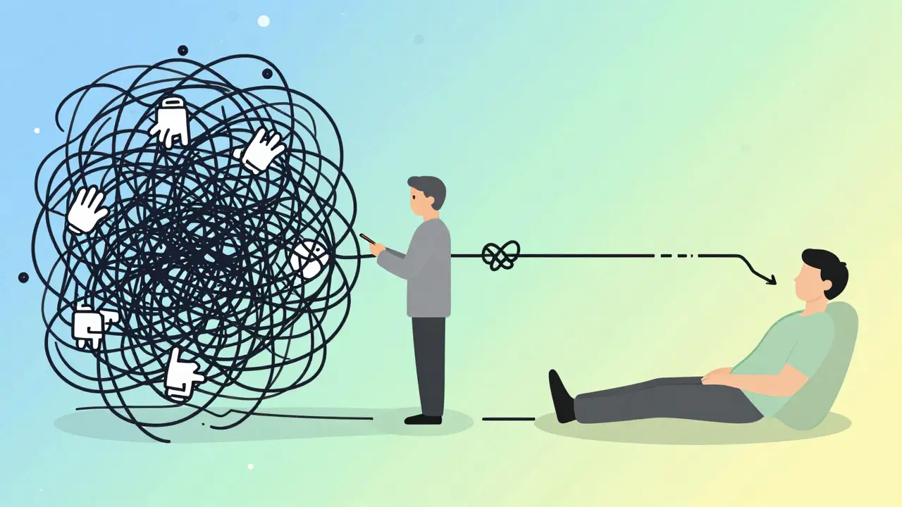 Plochá ilustrace znázorňující přechod od chaotických myšlenek u OCD k klidu pomocí terapie ERP