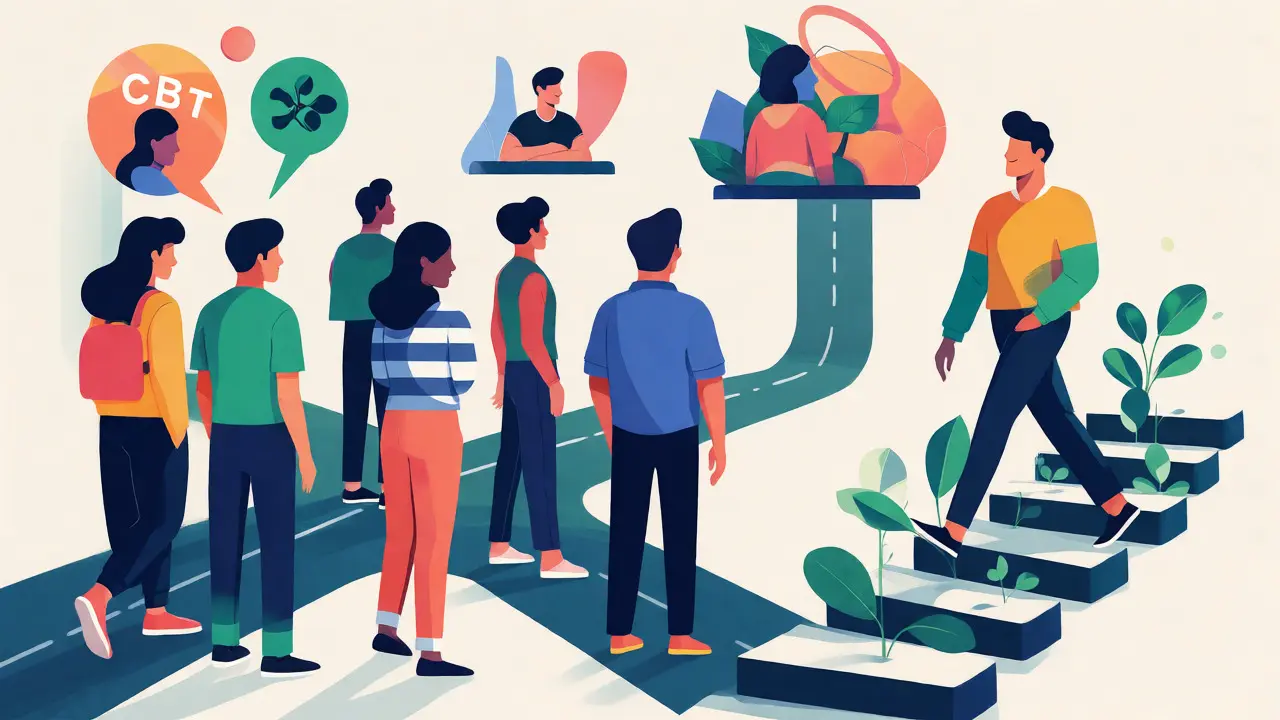 Ilustrace lidí vybírajících si cestu k vhodnému terapeutickému přístupu