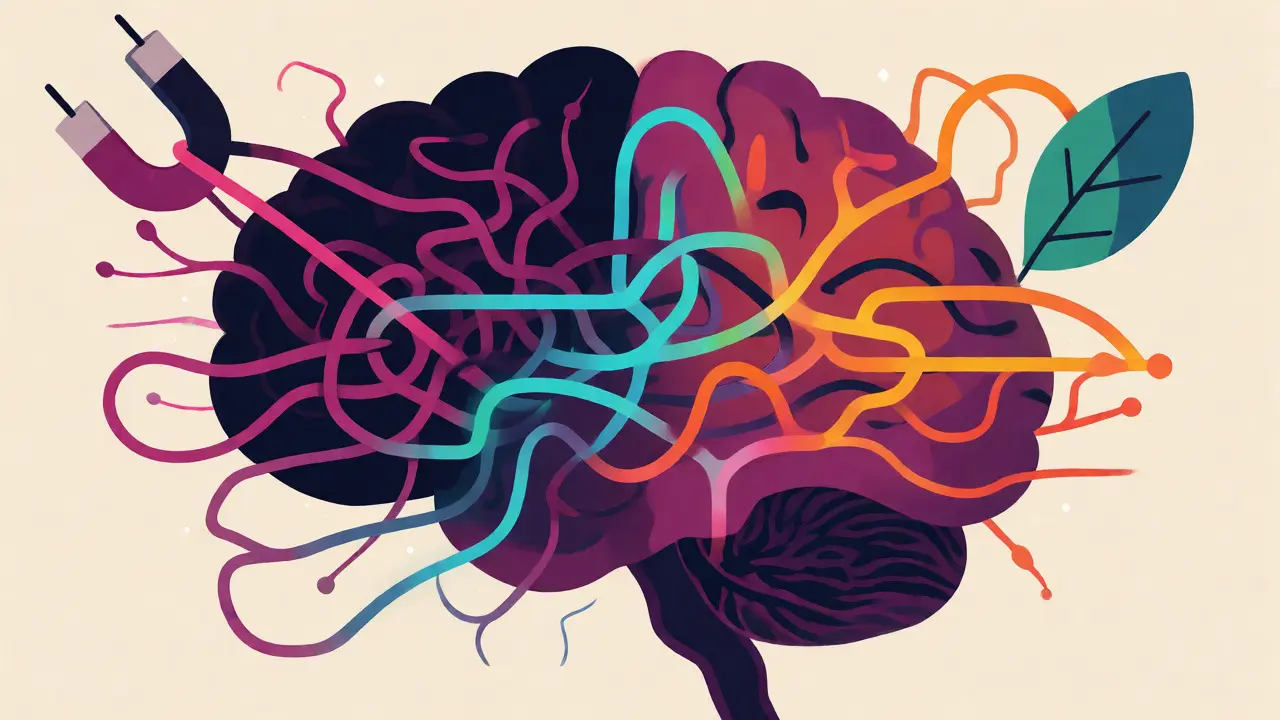 Ilustrace mozku s novými barevnými neurálními cestami symbolizujícími alternativní terapie.
