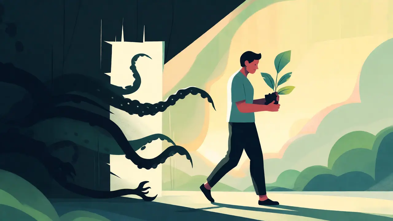 Ilustrace osoby odcházející z tmavých dveří do světla s rostlinkou