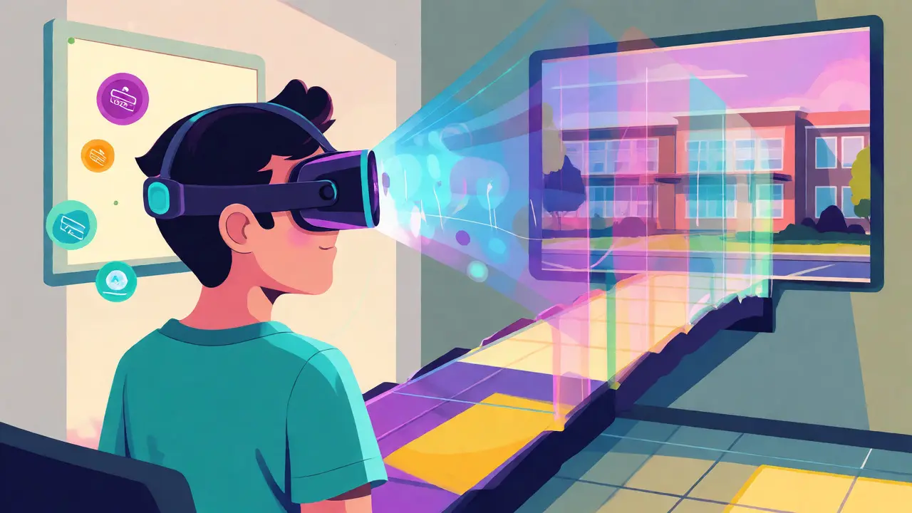 Ilustrace osoby používající brýle virtuální reality pro přípravu na novou situaci.