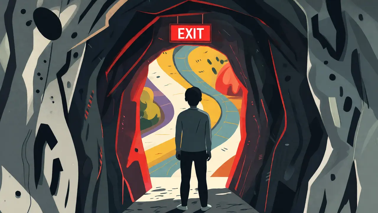 Ilustrace tunelového vidění s jedinou cestou ven z temnoty