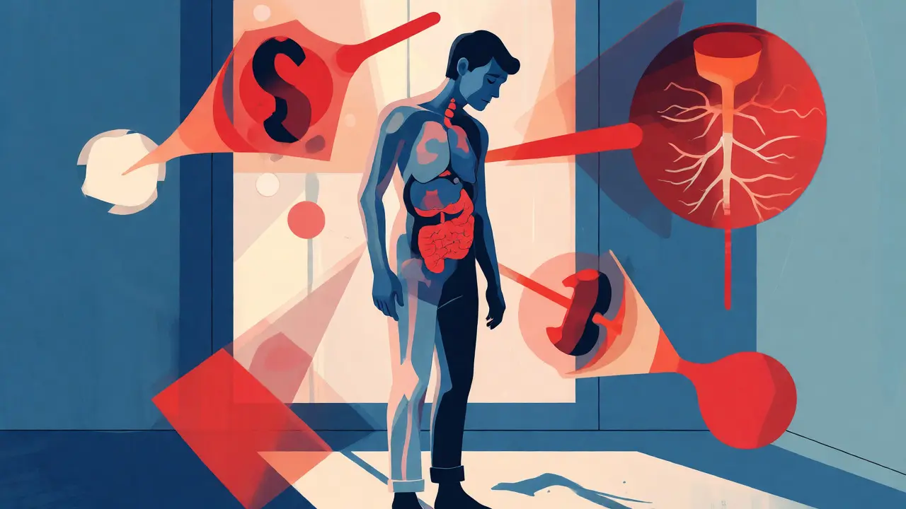 Ilustrace vyčerpané postavy s abstraktními znaky stresu a oslabené imunity