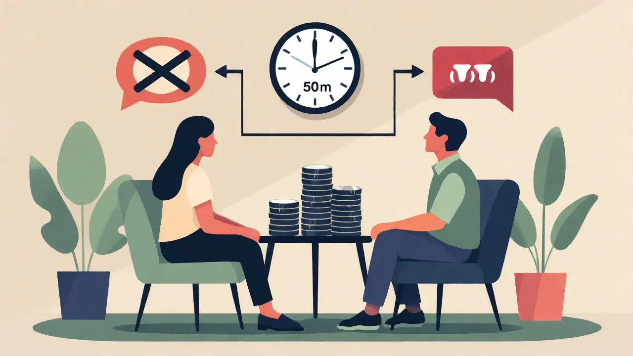 Plochá ilustrace znázorňující strukturu terapie s jasnými pravidly času a komunikace.