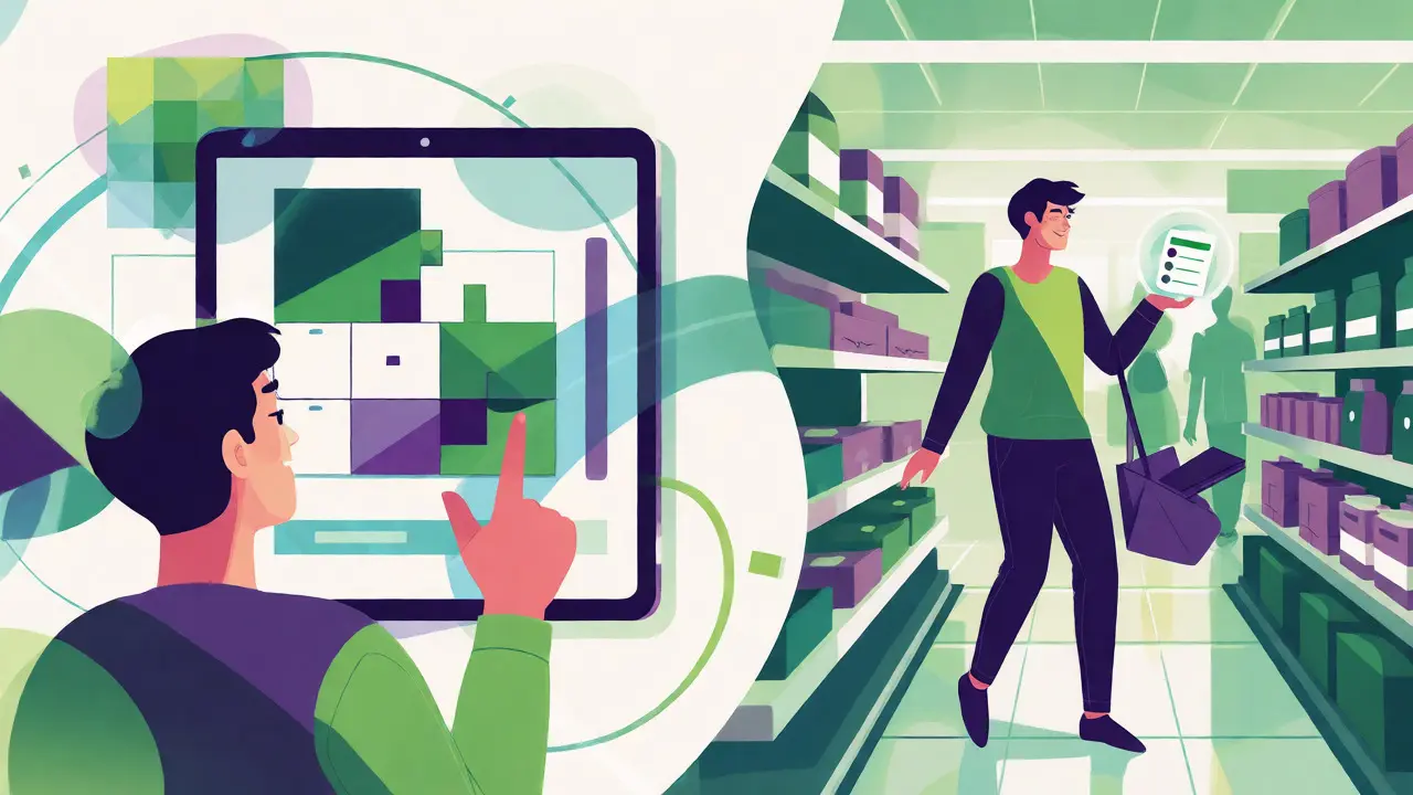 Postava používá trénink na tabletu a aplikuje dovednosti v supermarketu