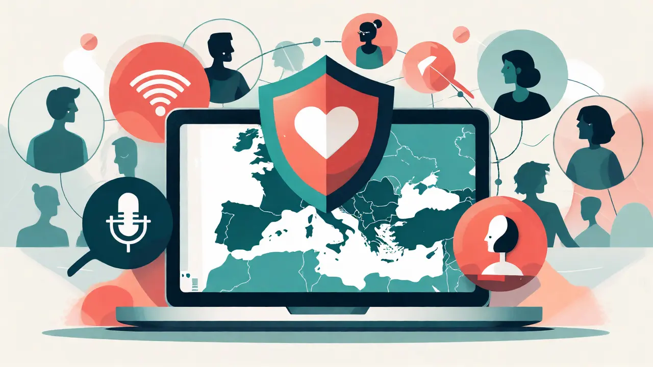 Abstract representation of secure online therapy connecting users across Europe.