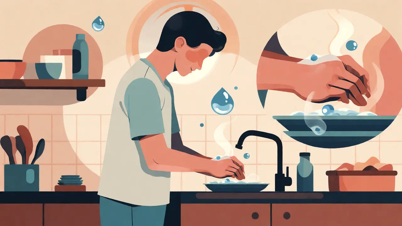 Člověk myje nádobí s vědomím a klidem v ploché ilustraci