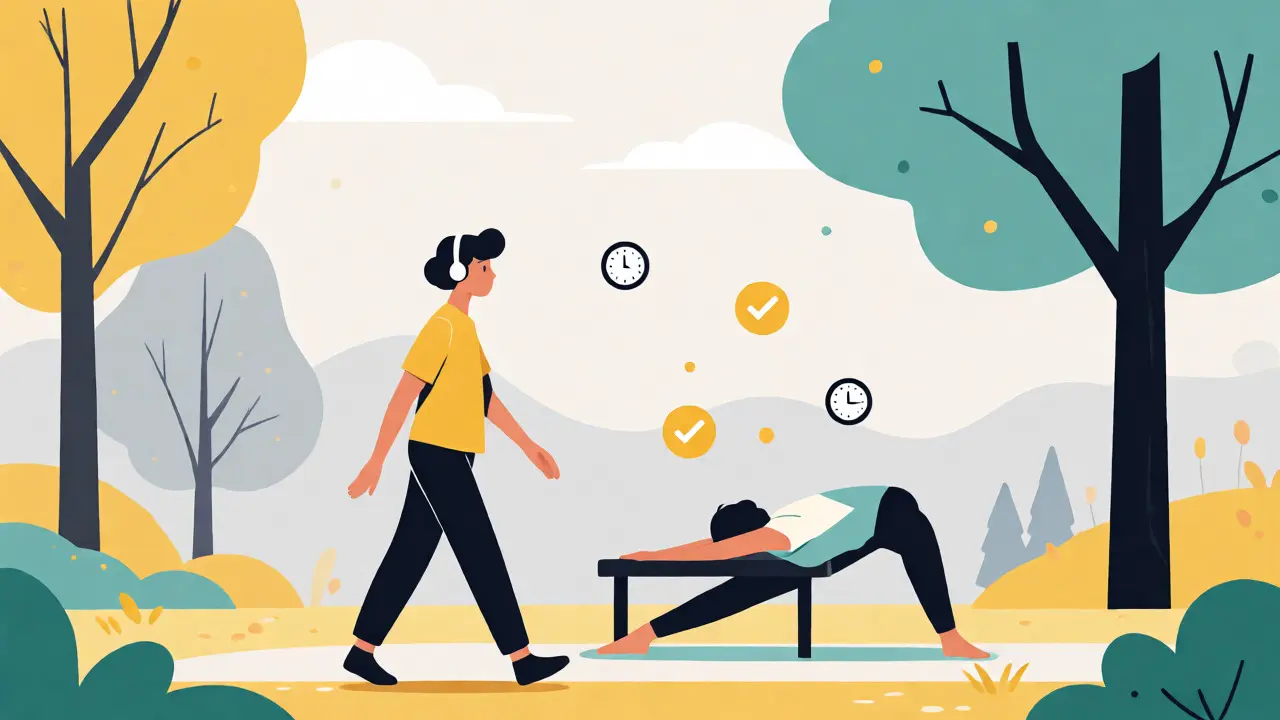 Postava praktikující mindful chůzi s sluchátky v klidném prostředí