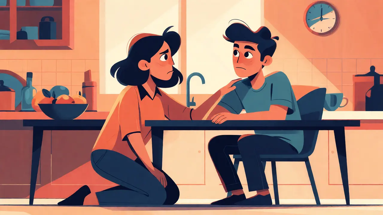 Rodič podporuje teenagera při rozhovoru u kuchyňského stolu, plochá ilustrace.