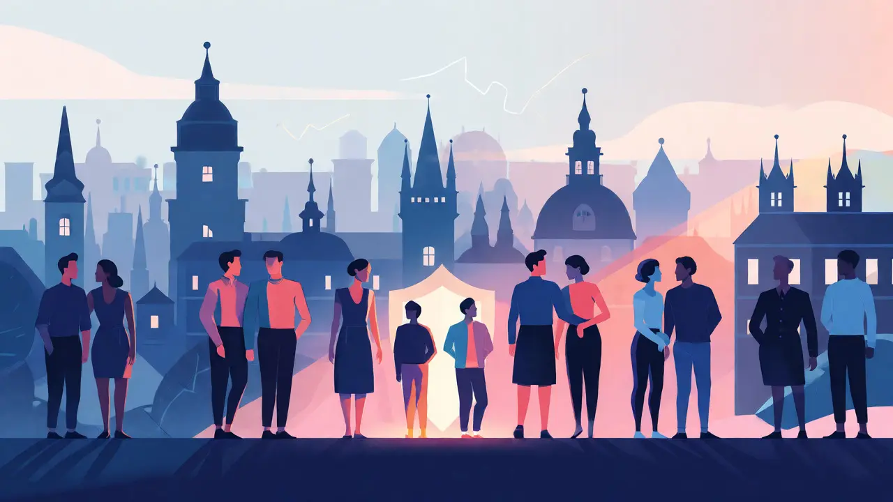 Skupina LGBTQ+ párů před siluetou Prahy s malými figurkami terapeutů.